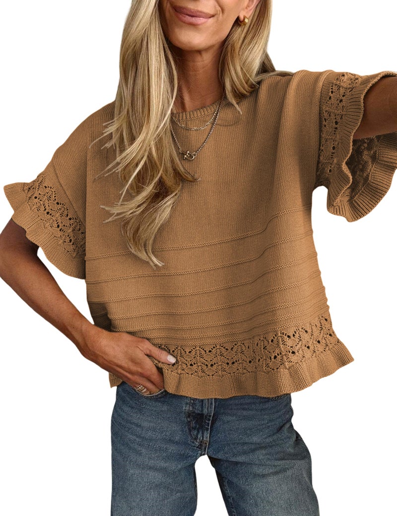 Yeokou Womens Short Sleeve Sweater Round Neck Ruffled Hem Knit Crochet Pullover Summer Fall Casual Top Blouse(Brown-XL) - Image 2